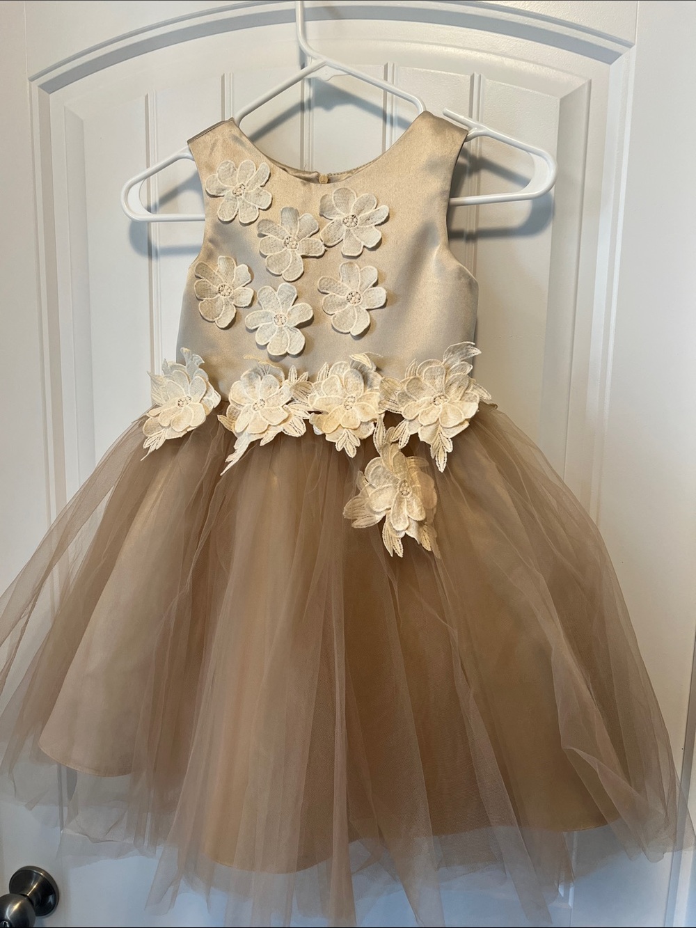 Girls' Champagne Flower-Appliqué Tulle Dress